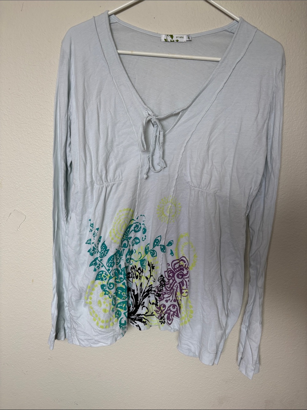 Baby Doll Long-Sleeve V-Neck Top in Light Blue with Floral Print